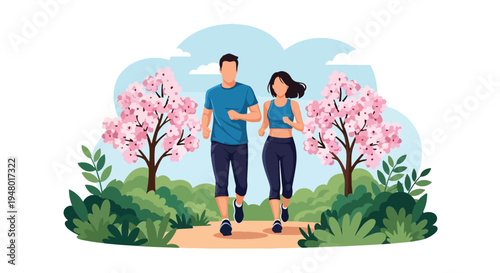 Modern vector illustration of couple jogging on green trail surrounded by fresh spring landscape and blooming trees