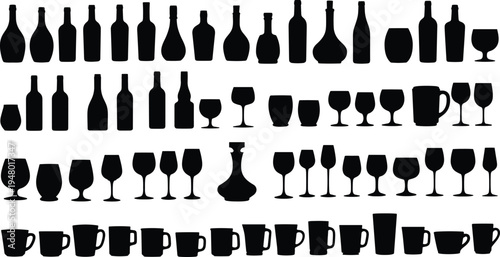 Black silhouettes of various wine bottles and drinking glasses wine glasses mugs