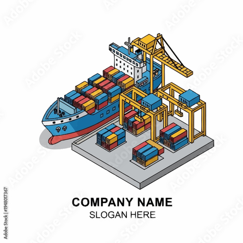 Isometric illustration of a cargo ship being loaded with containers at a port.