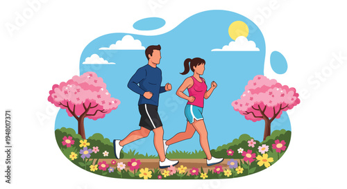 Modern vector illustration of couple jogging on green trail surrounded by fresh spring landscape and blooming trees