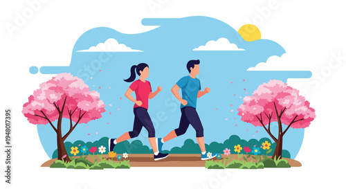 Modern vector illustration of couple jogging on green trail surrounded by fresh spring landscape and blooming trees