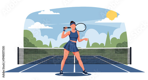 Modern vector illustration of woman with tennis racket in outdoor court during sunny spring season