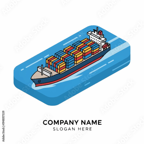 Isometric cargo ship carrying containers on the water.