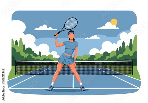 Modern vector illustration of woman with tennis racket in outdoor court during sunny spring season