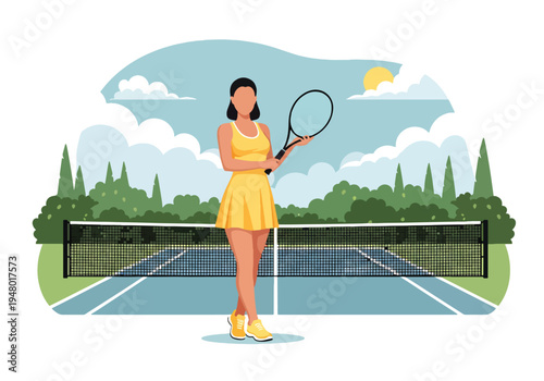 Modern vector illustration of woman with tennis racket in outdoor court during sunny spring season