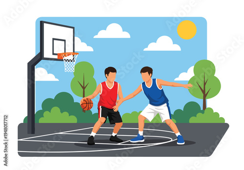 Modern vector illustration of teenagers playing basketball outdoors under clear spring sky in community playground