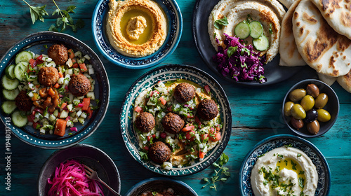 Mediterranean mezze feast with hummus falafel olives on blue table