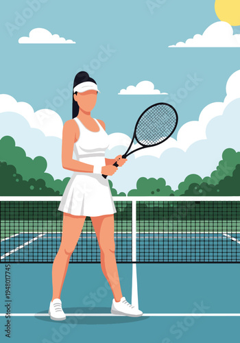 Modern vector illustration of woman with tennis racket in outdoor court during sunny spring season