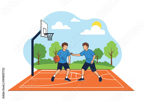 Modern vector illustration of teenagers playing basketball outdoors under clear spring sky in community playground