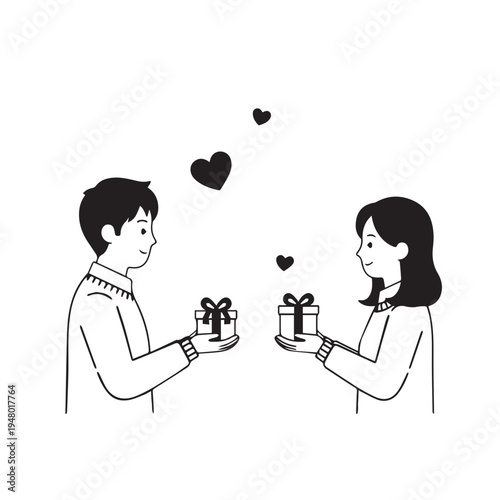 Two people exchange gifts with hearts between them, celebrating a warm connection and shared affection.