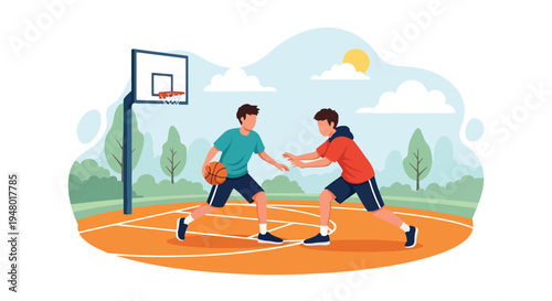 Modern vector illustration of teenagers playing basketball outdoors under clear spring sky in community playground
