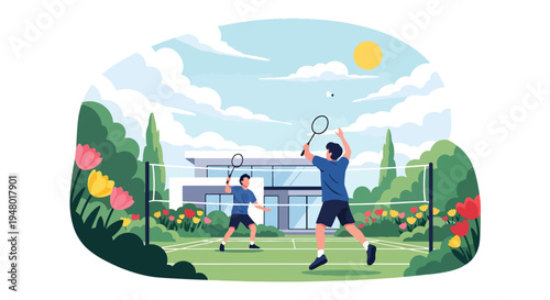 Modern vector illustration of badminton game in backyard garden surrounded by blooming flowers during spring season