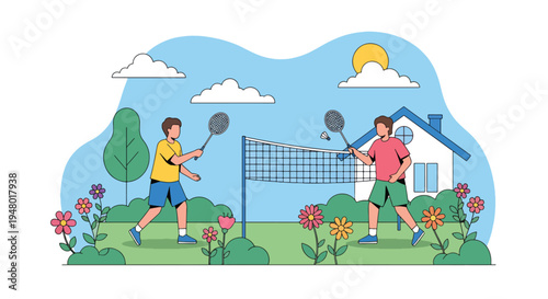 Modern vector illustration of badminton game in backyard garden surrounded by blooming flowers during spring season