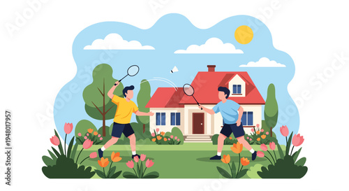Modern vector illustration of badminton game in backyard garden surrounded by blooming flowers during spring season