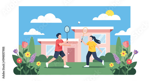 Modern vector illustration of badminton game in backyard garden surrounded by blooming flowers during spring season