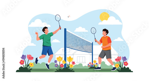 Modern vector illustration of badminton game in backyard garden surrounded by blooming flowers during spring season