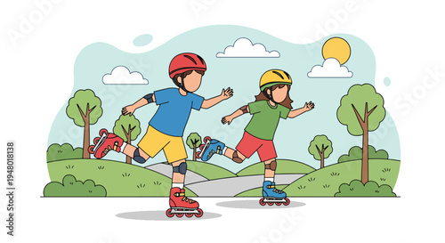 Modern vector illustration of kids roller skating in sunny park with blooming trees during fresh spring afternoon