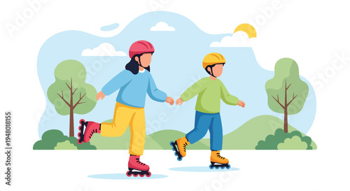 Modern vector illustration of kids roller skating in sunny park with blooming trees during fresh spring afternoon