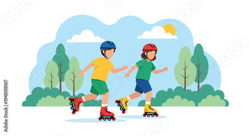 Modern vector illustration of kids roller skating in sunny park with blooming trees during fresh spring afternoon