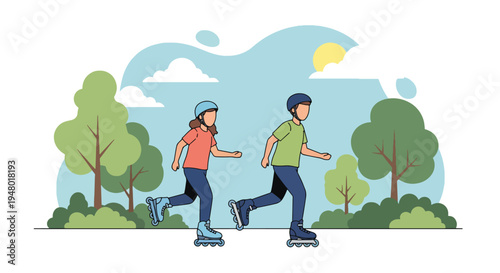 Modern vector illustration of kids roller skating in sunny park with blooming trees during fresh spring afternoon