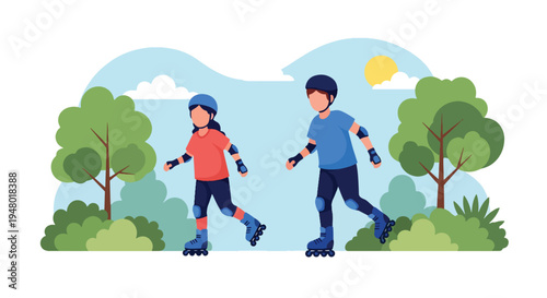 Modern vector illustration of kids roller skating in sunny park with blooming trees during fresh spring afternoon