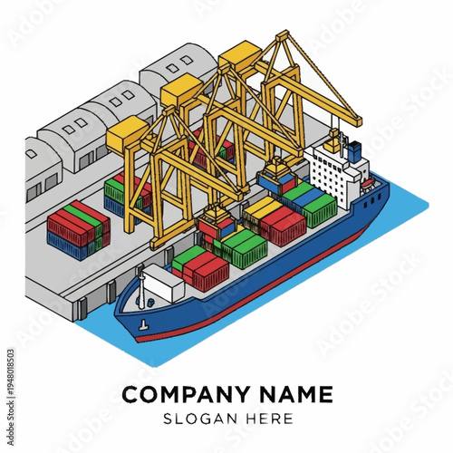 Isometric illustration of a cargo ship being loaded at a port with cranes.