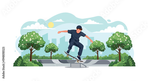 Modern vector illustration of teenager skateboarding in park with blooming trees during sunny spring day