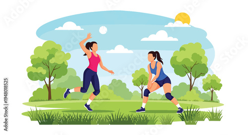 Modern vector illustration of outdoor volleyball match on grassy field under clear blue spring sky