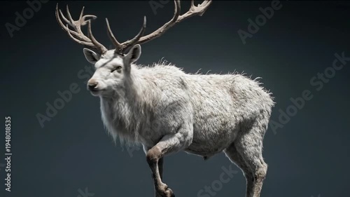 Majestic White Deer with Impressive Antlers Standing Gracefully in Studio Against Dark Background