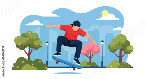 Modern vector illustration of teenager skateboarding in park with blooming trees during sunny spring day