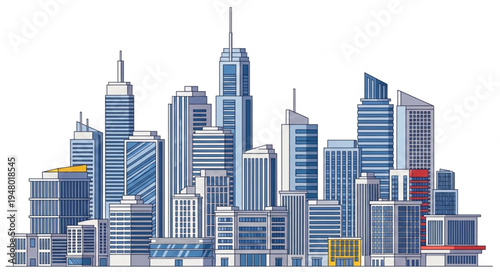 Detailed Cityscape Illustration with Modern Skyscrapers and Architectural Design.