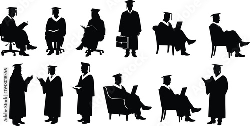 Graduate student silhouettes set, university graduation people reading studying collection, academic success concept, black isolated vector illustration