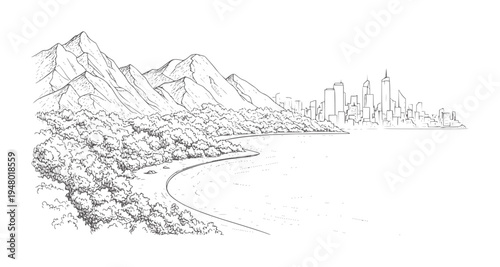 Of a coastal city skyline nestled beside forested mountains and a bay black white