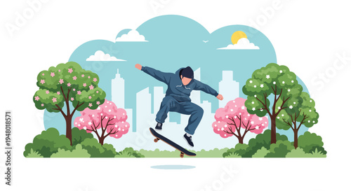 Modern vector illustration of teenager skateboarding in park with blooming trees during sunny spring day