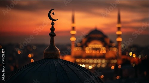 Crescent Moon and Star Symbol on Mosque Dome Against a Golden Sunset Sky with a Blurred Iconic Mosque in the Background, Evoking Spiritual Peace and Tranquility