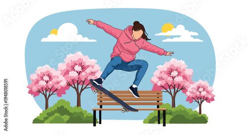 Modern vector illustration of teenager skateboarding in park with blooming trees during sunny spring day