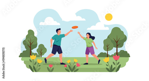 Modern vector illustration of couple playing frisbee in open meadow with blooming flowers during spring afternoon