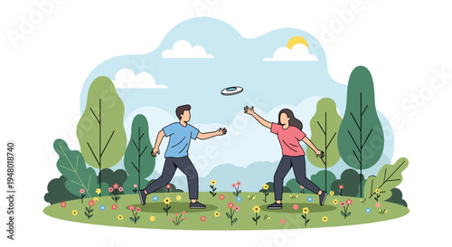 Modern vector illustration of couple playing frisbee in open meadow with blooming flowers during spring afternoon