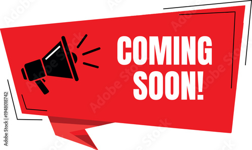 A red speech bubble with a megaphone announcing a forthcoming event or product launch