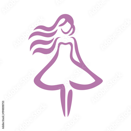 Logotipo de boutique de moda femenina. Dibujo sencillo con líneas de una mujer de pie con un vestido, vista de frente