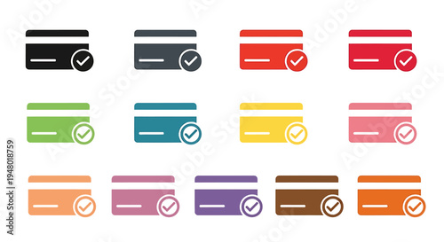 A grid of colorful credit card icons with checkmarks, symbolizing approved payments and secure transactions.