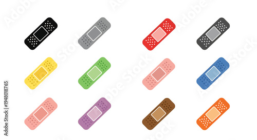 A vibrant collection of twelve colorful adhesive bandages in various hues, neatly arranged on a clean white background, perfect for health and care themes.