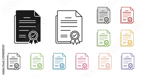 Collection of black and color icons depicting a certified document with a checkmark seal, representing approval, quality, and official recognition.