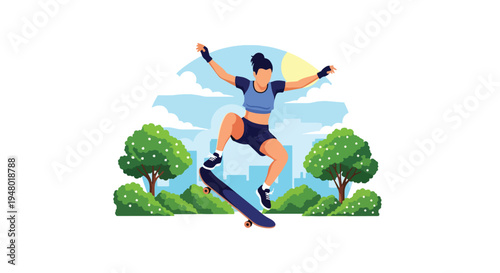 Modern vector illustration of teenager skateboarding in park with blooming trees during sunny spring day