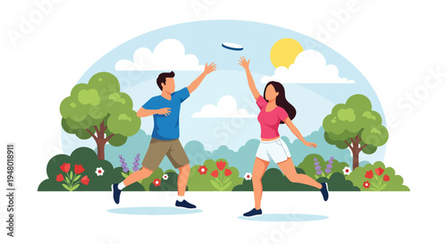 Modern vector illustration of couple playing frisbee in open meadow with blooming flowers during spring afternoon