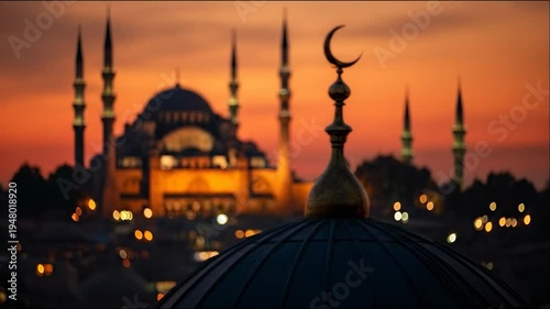 Crescent Moon Finial on Mosque Dome at Sunset with Iconic Istanbul Skyline in Bokeh