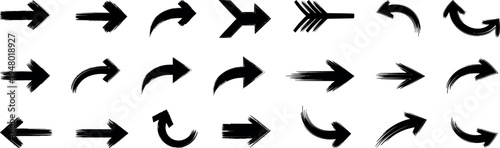 A collection of 20 abstract black arrows on a white background varying in style and direction