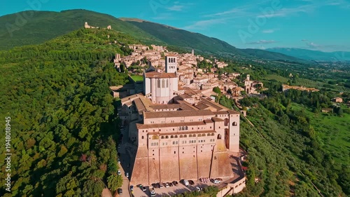 Aerial view of historic Assisi and Basilica of Saint Francis