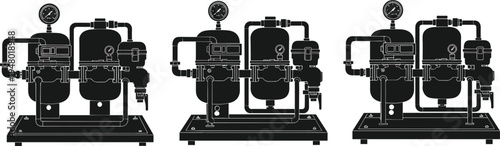 Industrial water filtration system silhouettes, pressure tank pipeline equipment collection, wastewater treatment machinery, black isolated vector illustration set