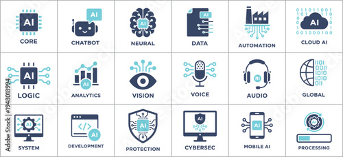 Artificial Intelligence Icons Set for Business and Technology Concepts